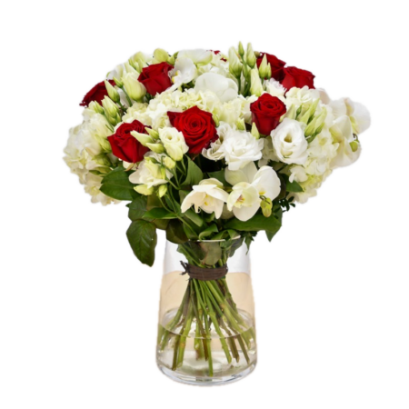 Bouquet Labdanum - Roses, Hortensias, Lysianthus & Orchidées | Tons Rouges et Blancs